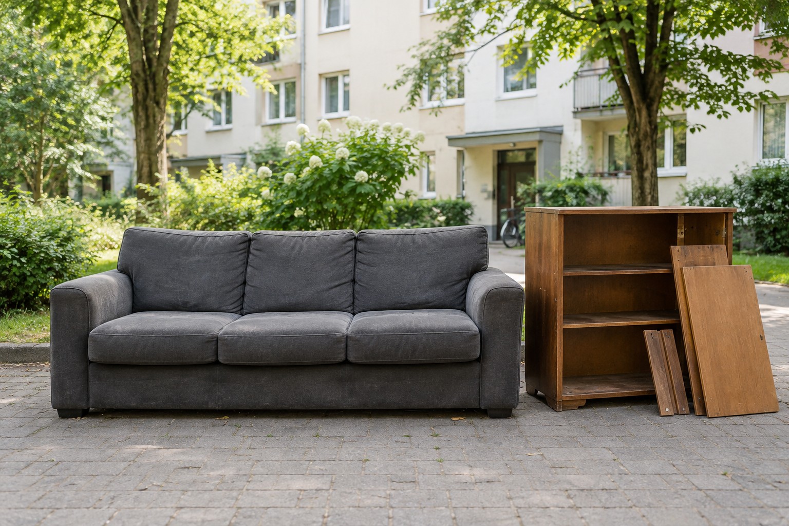 Sofa ir spintelė kieme, paruoštos išvežti. DI sukurta iliustracija.